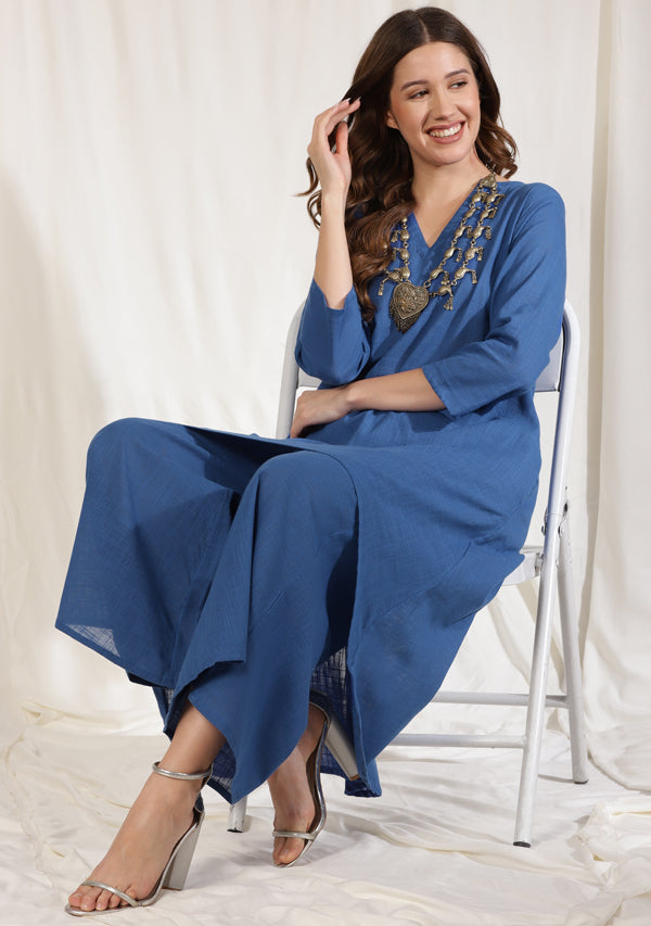 Royal Blue Asymmetric Cotton Kurta Paired with Pants