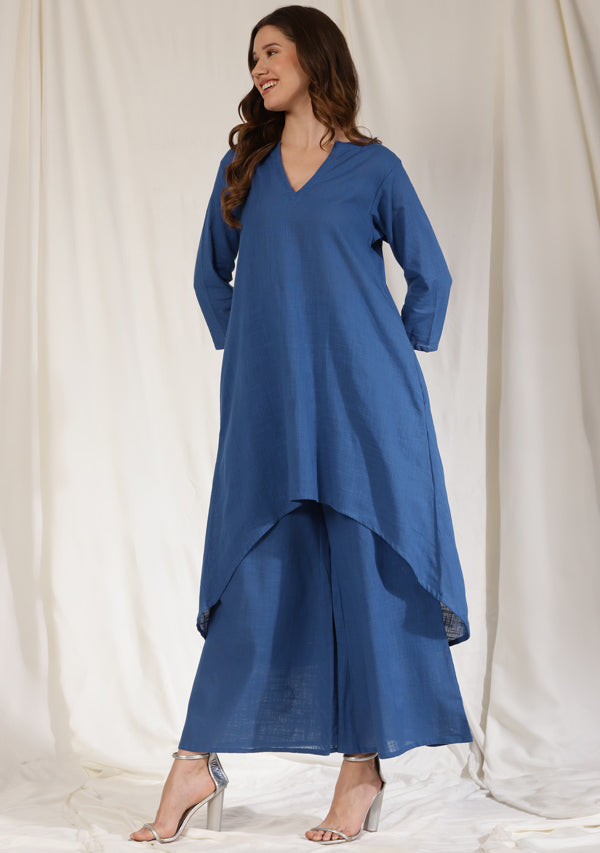Royal Blue Asymmetric Cotton Kurta Paired with Pants