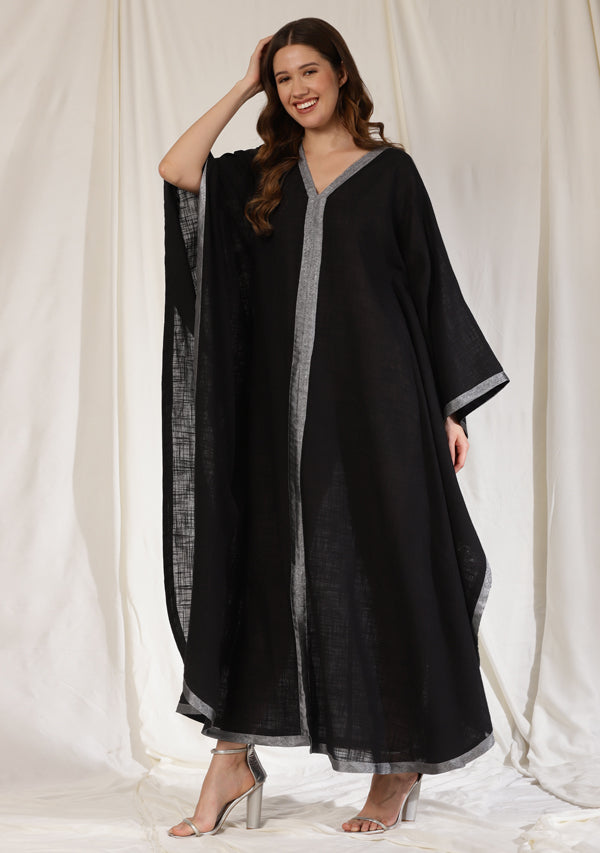 Flowy Black Cotton Kaftan with Contrast Silver Tissue Trimmings
