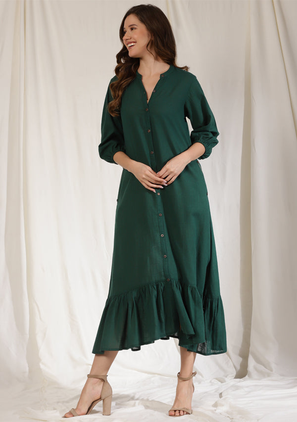 Emerald Green Long Dress with Gathered Hemline