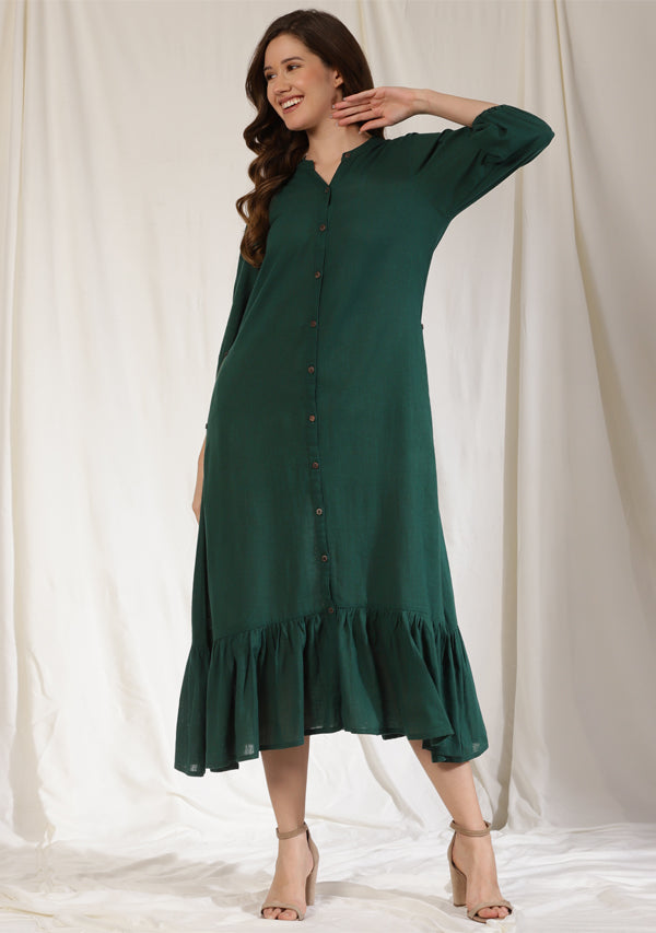 Emerald Green Long Dress with Gathered Hemline