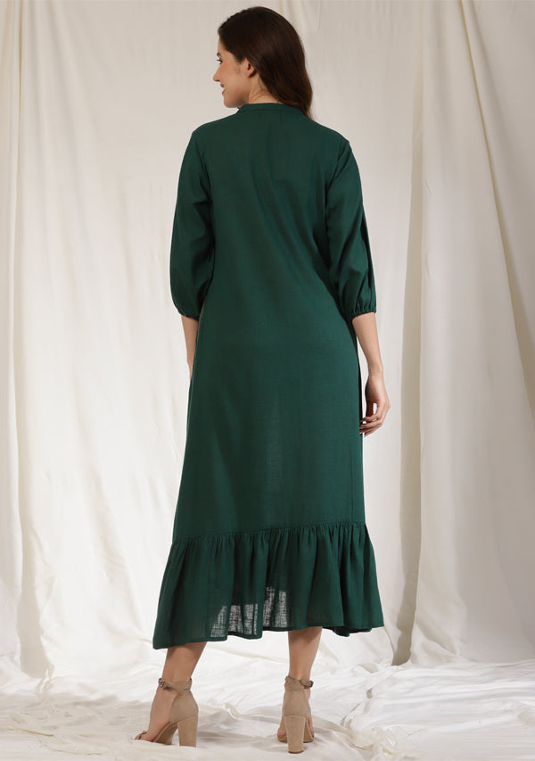Emerald Green Long Dress with Gathered Hemline