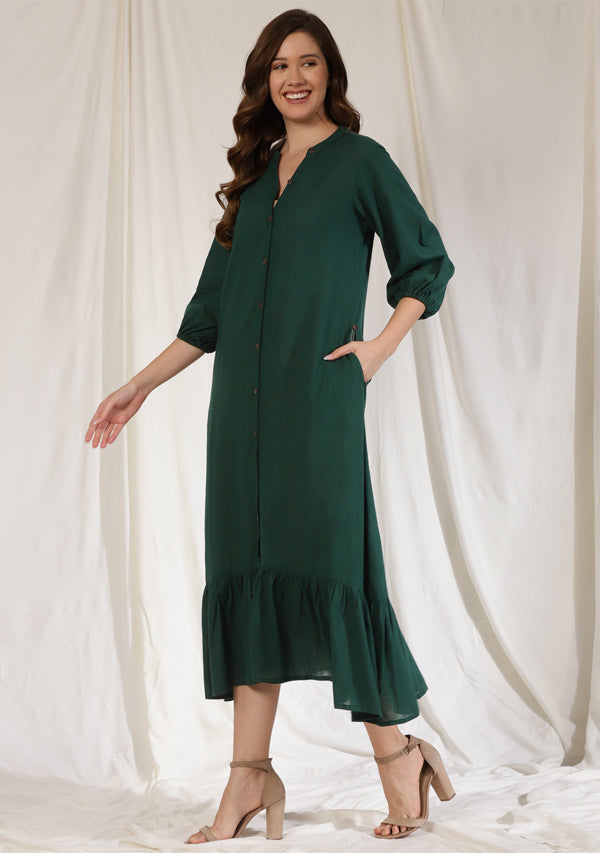 Emerald Green Long Dress with Gathered Hemline