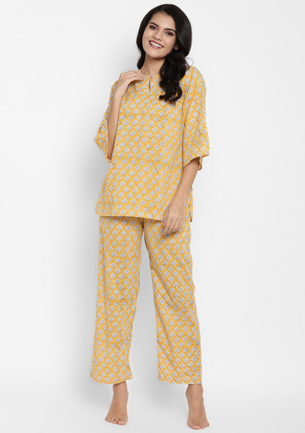 Yellow Ivory Flower Motif Hand Block Printed Cotton Night Suit - unidra.myshopify.com