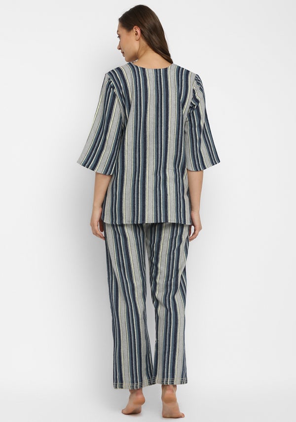 Flannel Blue Grey Striped Night Suit