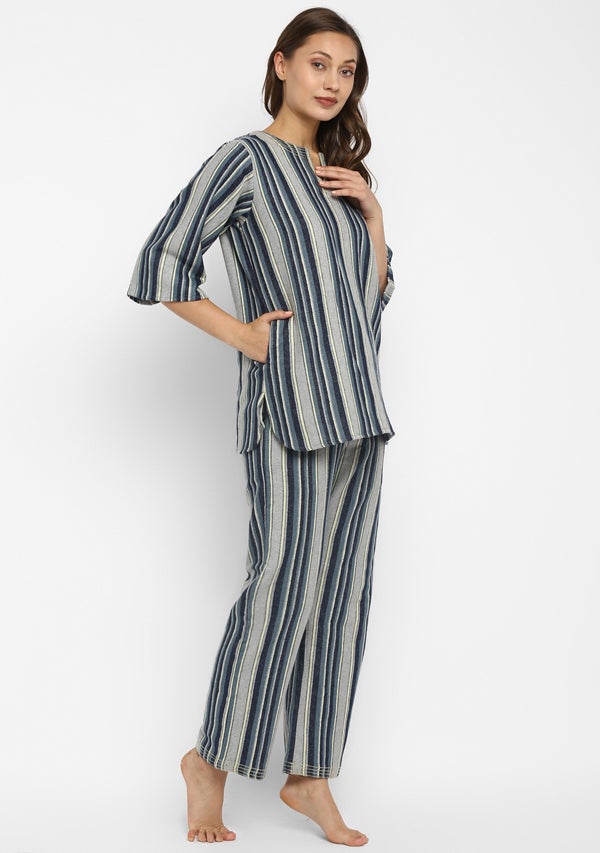 Flannel Blue Grey Striped Night Suit