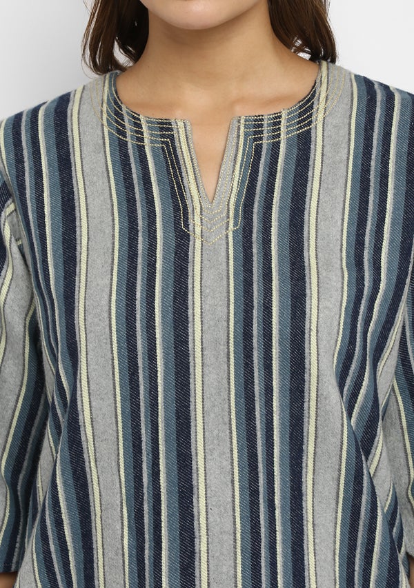 Flannel Blue Grey Striped Night Suit