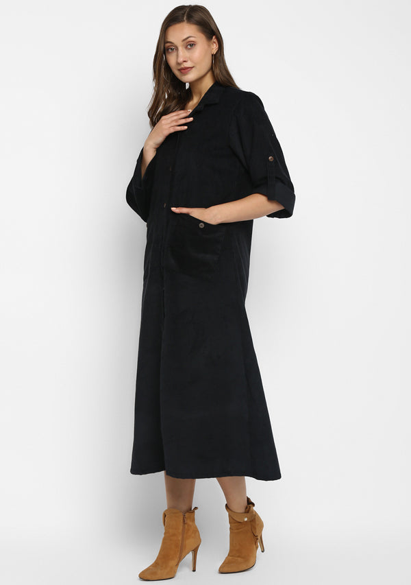 Corduroy Long Black Dress With Pockets and Wooden Buttons