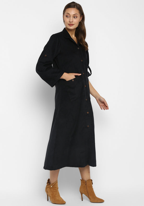 Corduroy Long Black Dress With Pockets and Wooden Buttons