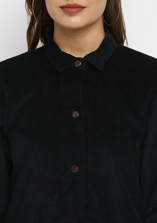 Corduroy Long Black Dress With Pockets and Wooden Buttons