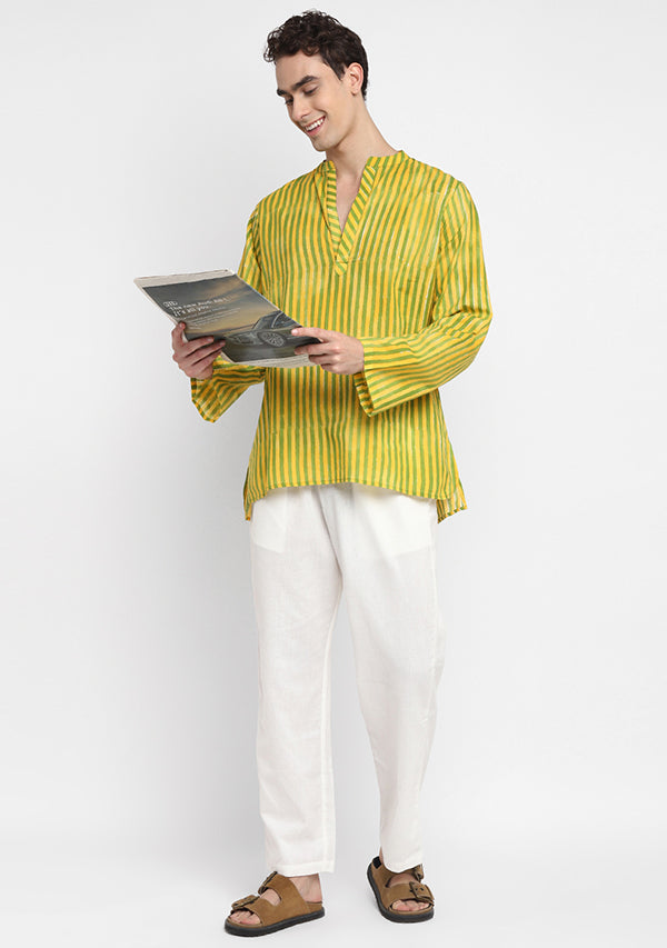 Yellow Green Striped Hand Block Printed Cotton Shirt and Pyjamas For Men - unidra.myshopify.com