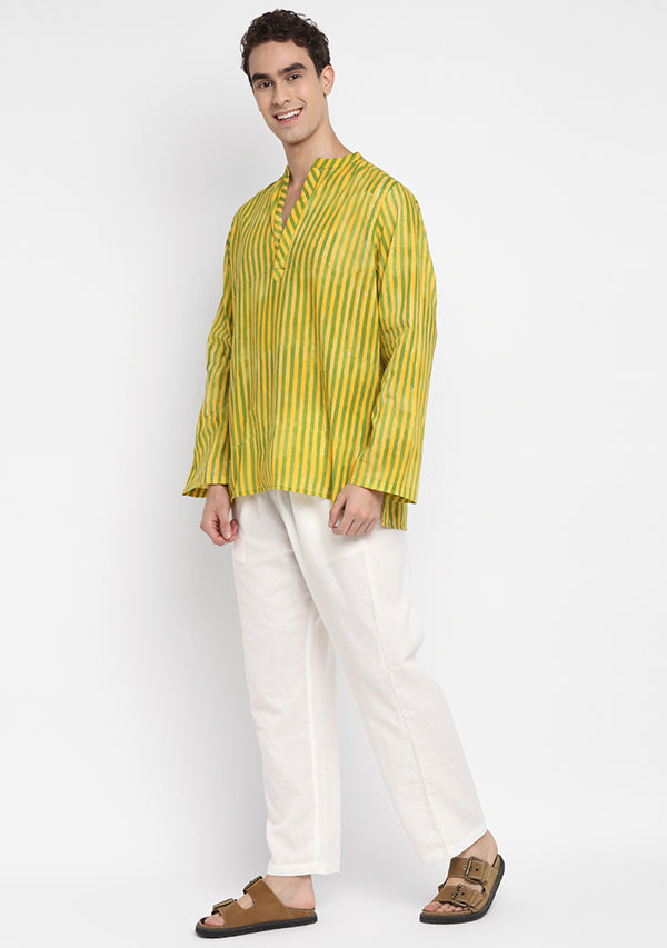 Yellow Green Striped Hand Block Printed Cotton Shirt and Pyjamas For Men - unidra.myshopify.com