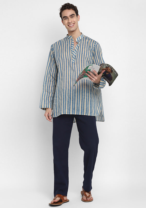 Blue Ivory Hand Block Printed Striped Mulmul Shirt and Pyjamas For Men - unidra.myshopify.com