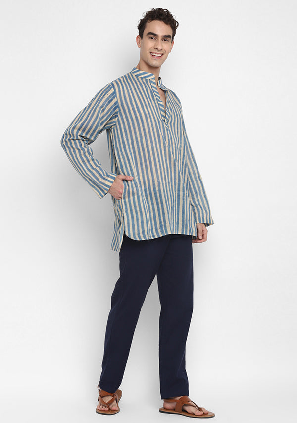 Blue Ivory Hand Block Printed Striped Mulmul Shirt and Pyjamas For Men - unidra.myshopify.com