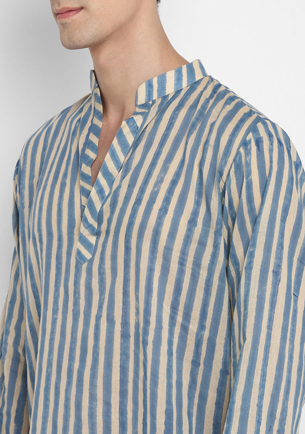 Blue Ivory Hand Block Printed Striped Mulmul Shirt and Pyjamas For Men - unidra.myshopify.com