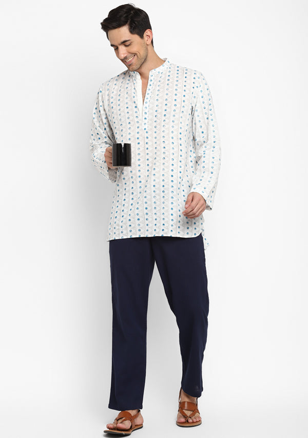 Ivory Blue Hand Block Printed Cotton Shirt and Pyjamas For Men - unidra.myshopify.com