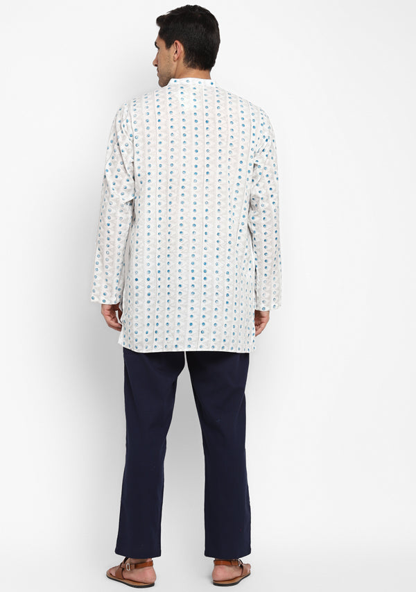 Ivory Blue Hand Block Printed Cotton Shirt and Pyjamas For Men - unidra.myshopify.com