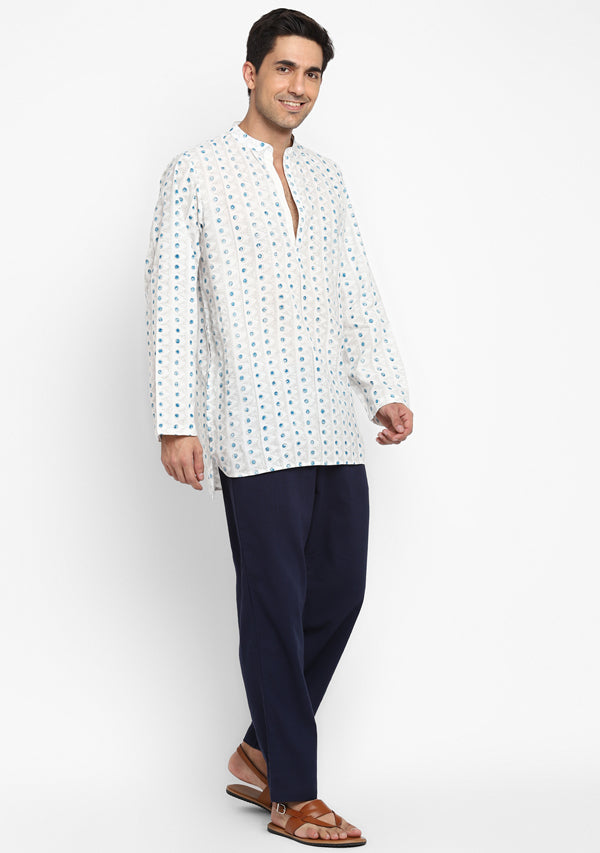 Ivory Blue Hand Block Printed Cotton Shirt and Pyjamas For Men - unidra.myshopify.com