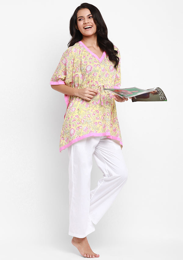 Soft Yellow Pink Flower Motif Hand Block Printed Short Kaftan with White Pyjamas - unidra.myshopify.com