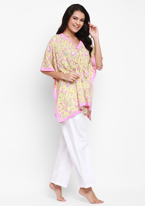 Soft Yellow Pink Flower Motif Hand Block Printed Short Kaftan with White Pyjamas - unidra.myshopify.com