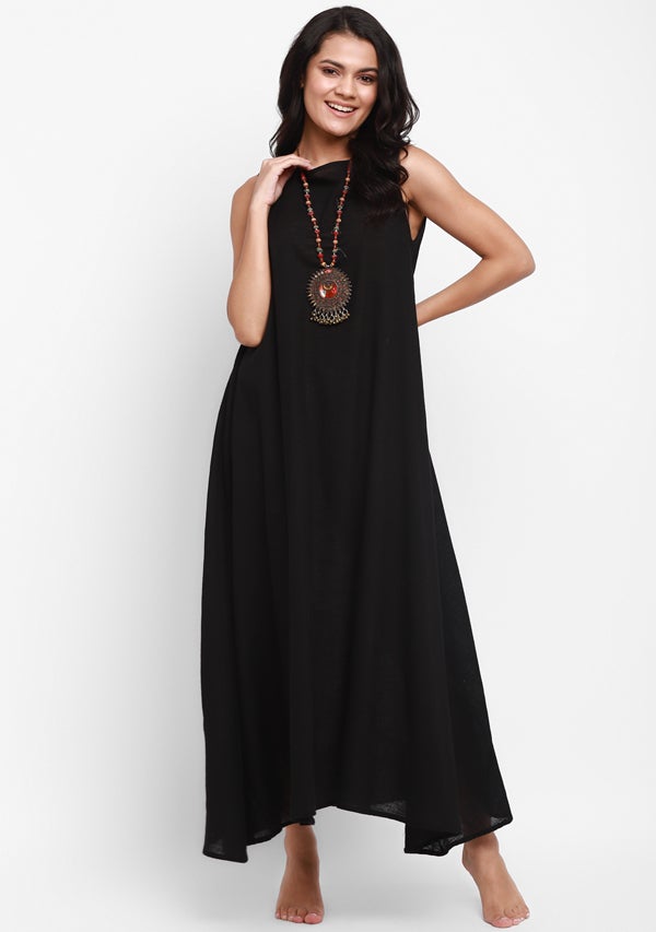 Black Sleeveless A-Line Long Cotton Dress - unidra.myshopify.com