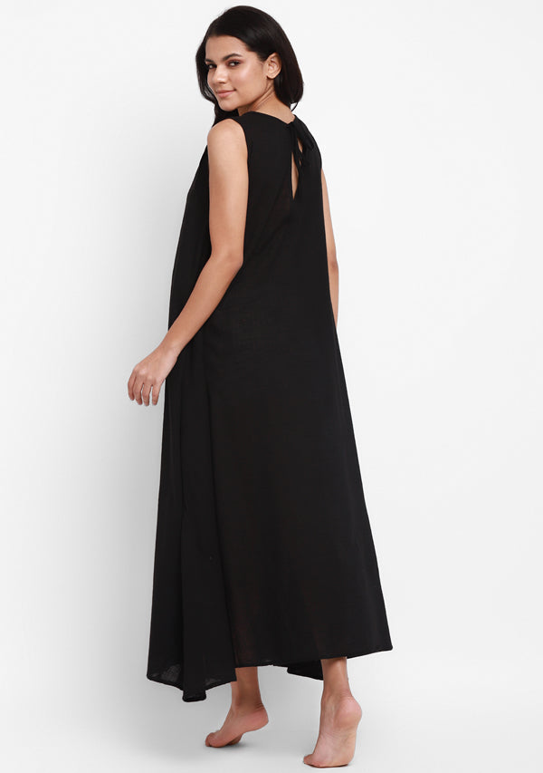 Black Sleeveless A-Line Long Cotton Dress - unidra.myshopify.com