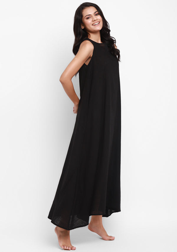 Black Sleeveless A-Line Long Cotton Dress - unidra.myshopify.com