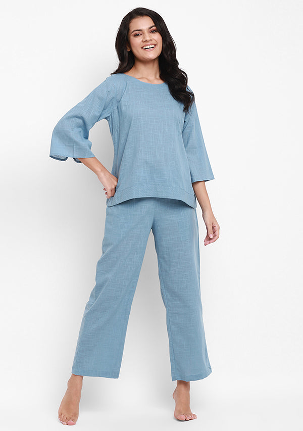 Smoke Blue Cotton Yoga Wear With Sleeves - unidra.myshopify.com