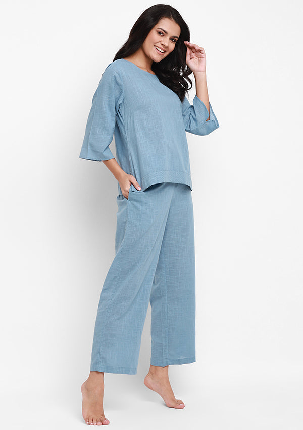 Smoke Blue Cotton Yoga Wear With Sleeves - unidra.myshopify.com