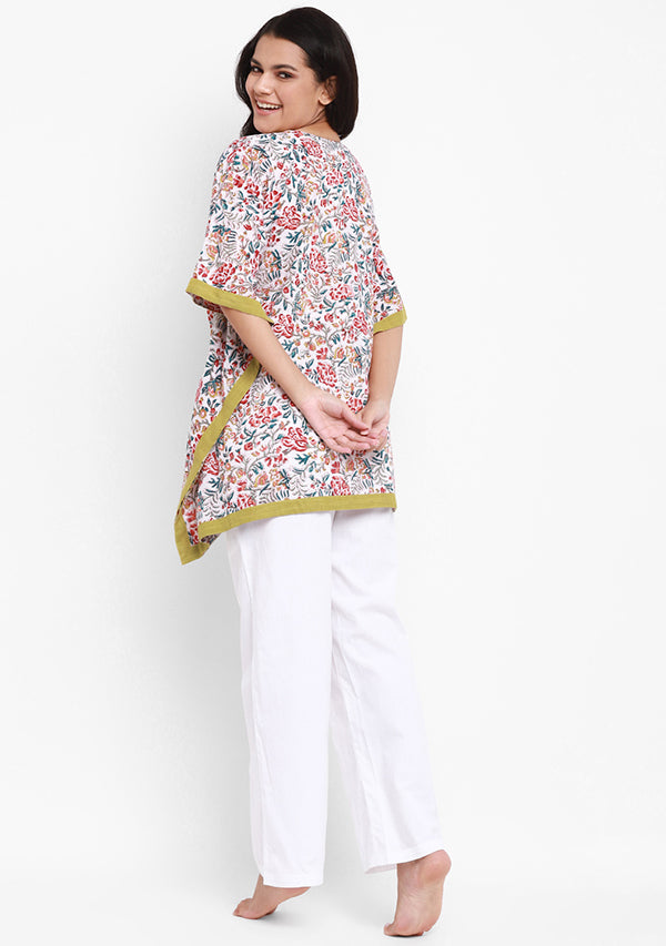 Ivory Multicolor Flower Motif Hand Block Printed Short Kaftan with White Pyjamas - unidra.myshopify.com