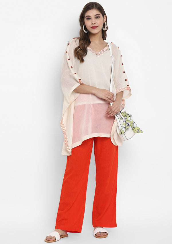 Off White Mulmul Short Kaftan Set With Contrast Orange Trimmings And Pants - unidra.myshopify.com