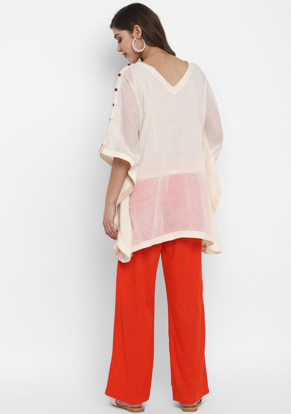 Off White Mulmul Short Kaftan Set With Contrast Orange Trimmings And Pants - unidra.myshopify.com