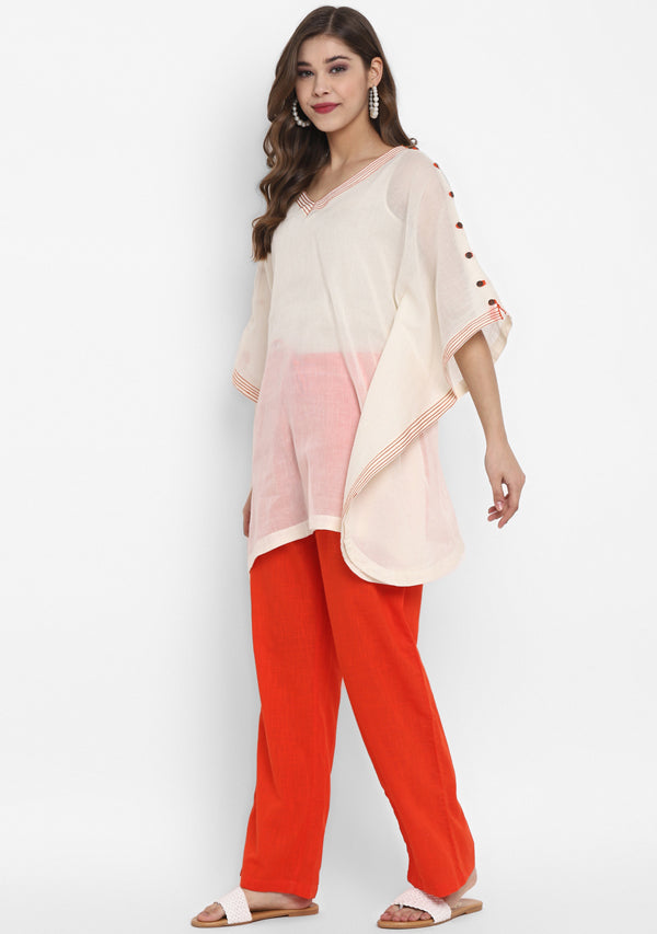 Off White Mulmul Short Kaftan Set With Contrast Orange Trimmings And Pants - unidra.myshopify.com