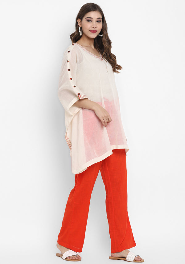 Off White Mulmul Short Kaftan Set With Contrast Orange Trimmings And Pants - unidra.myshopify.com