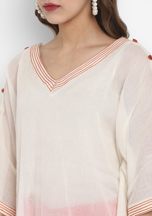 Off White Mulmul Short Kaftan Set With Contrast Orange Trimmings And Pants - unidra.myshopify.com