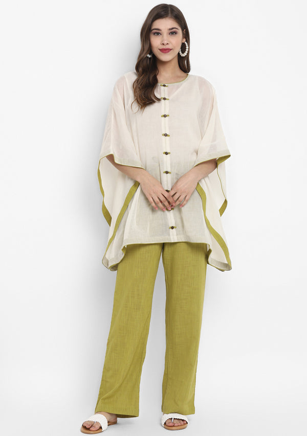 Off White Mulmul Short Kaftan Set With Contrast Olive Green Trimmings And Pants - unidra.myshopify.com