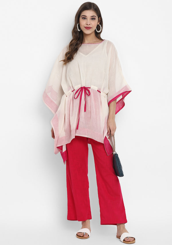 Off White Mulmul Short Kaftan Set With Contrast Fuschia Trimmings And Pants - unidra.myshopify.com