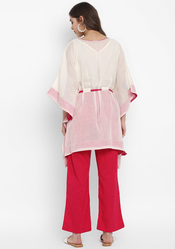 Off White Mulmul Short Kaftan Set With Contrast Fuschia Trimmings And Pants - unidra.myshopify.com