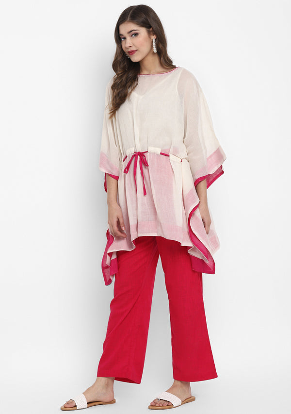 Off White Mulmul Short Kaftan Set With Contrast Fuschia Trimmings And Pants - unidra.myshopify.com
