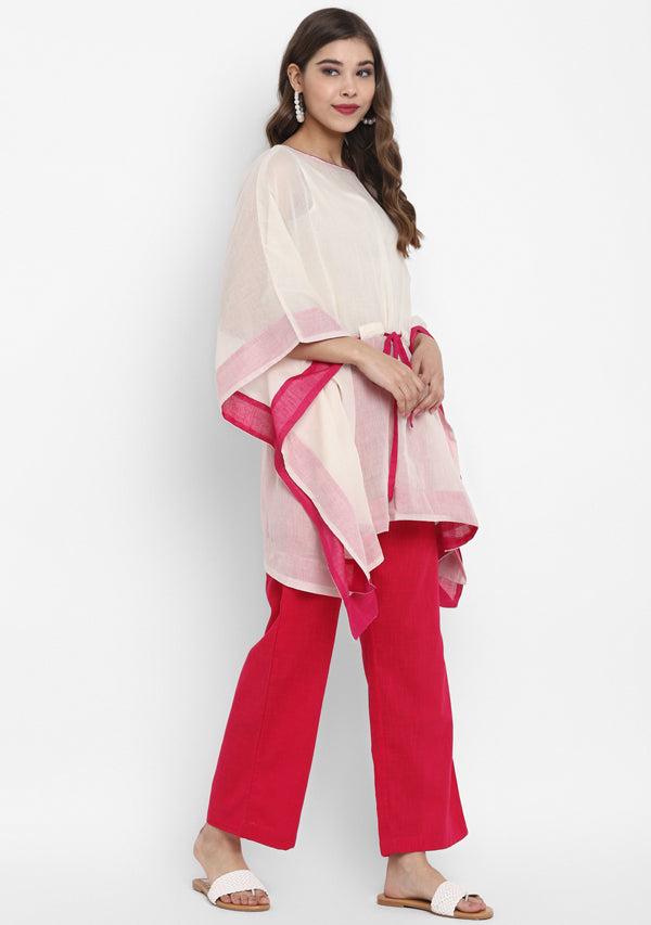Off White Mulmul Short Kaftan Set With Contrast Fuschia Trimmings And Pants - unidra.myshopify.com