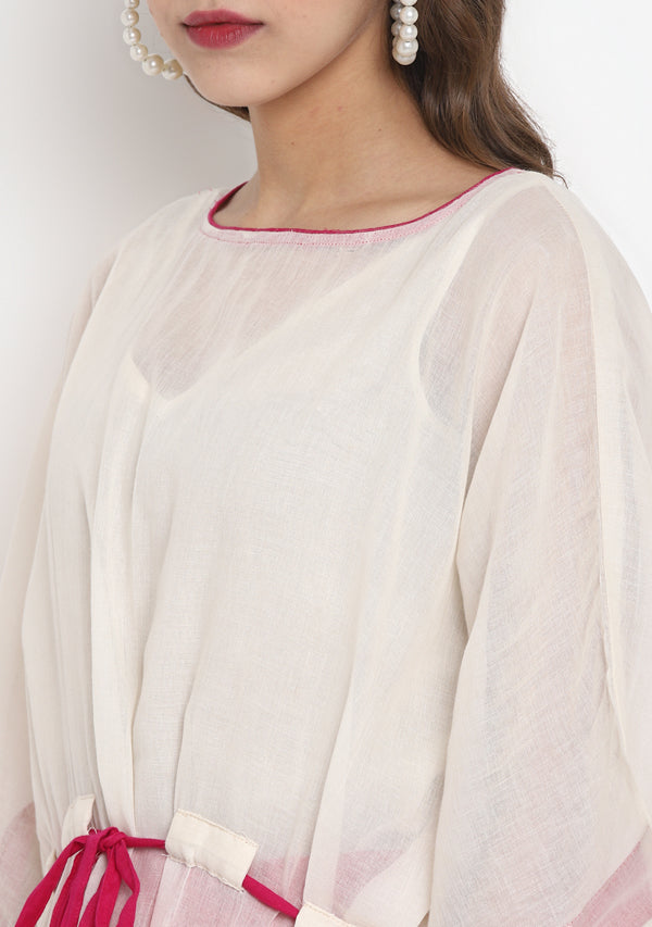 Off White Mulmul Short Kaftan Set With Contrast Fuschia Trimmings And Pants - unidra.myshopify.com