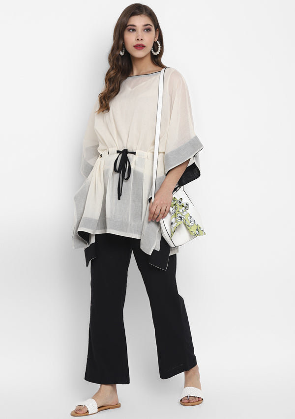 Off White Mulmul Short Kaftan Set With Contrast Black Trimmings And Pants - unidra.myshopify.com