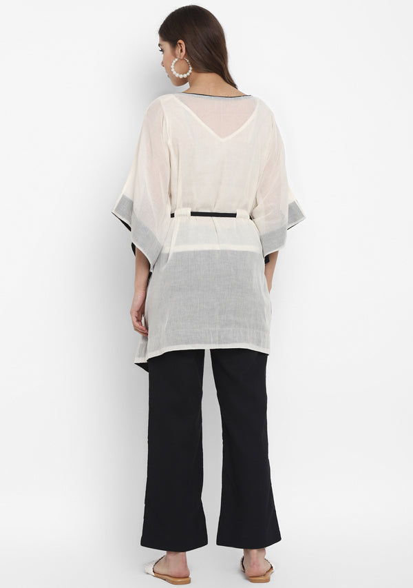 Off White Mulmul Short Kaftan Set With Contrast Black Trimmings And Pants - unidra.myshopify.com