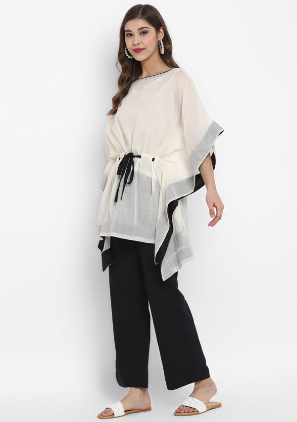Off White Mulmul Short Kaftan Set With Contrast Black Trimmings And Pants - unidra.myshopify.com