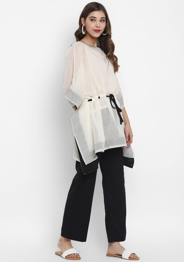 Off White Mulmul Short Kaftan Set With Contrast Black Trimmings And Pants - unidra.myshopify.com