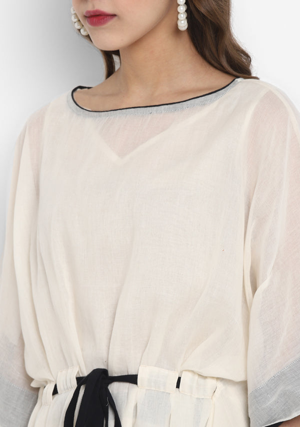 Off White Mulmul Short Kaftan Set With Contrast Black Trimmings And Pants - unidra.myshopify.com