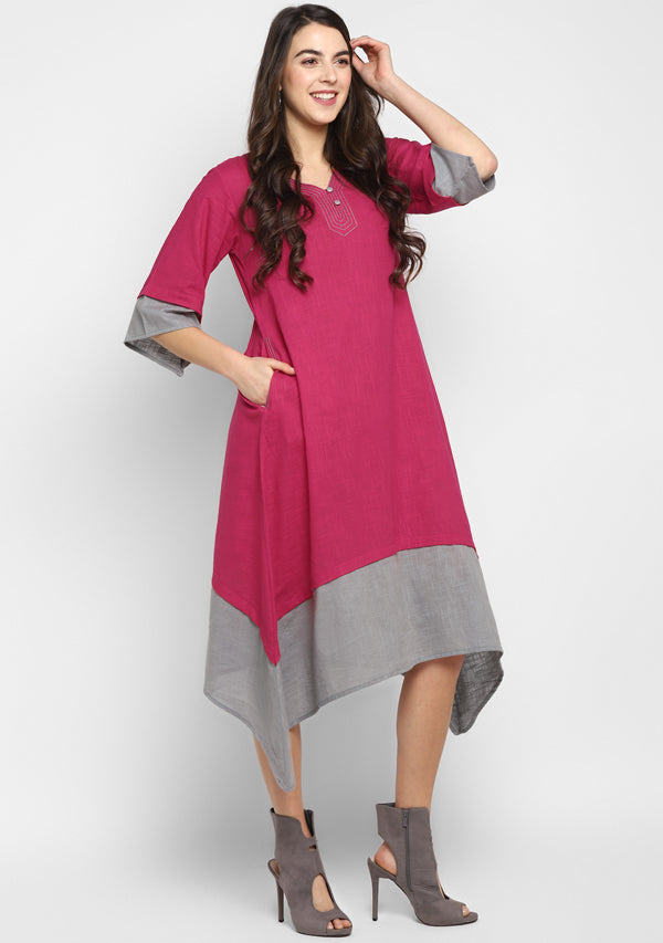 Fuschia Grey Layered Side Tail Cotton Dress - unidra.myshopify.com