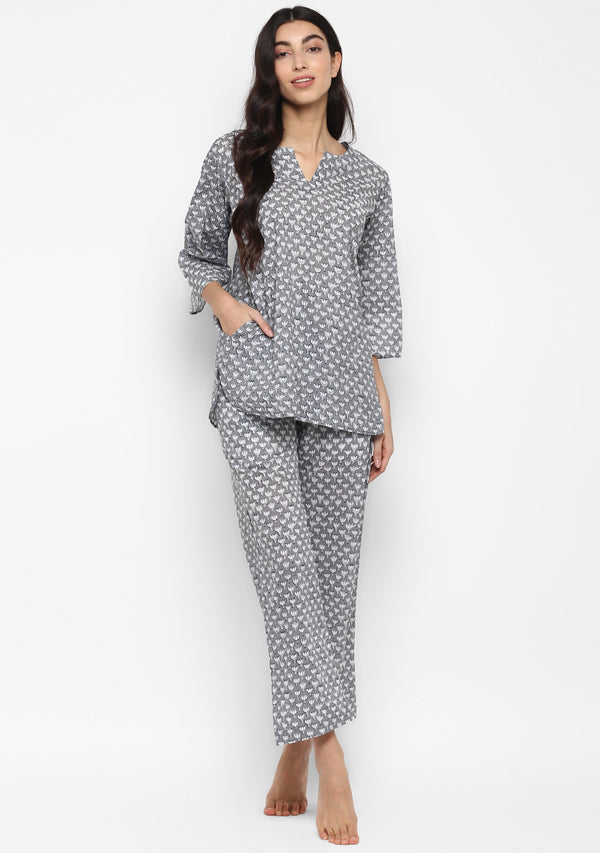 Grey Ivory Hand Block Flower Motif Printed Cotton Night Suit - unidra.myshopify.com