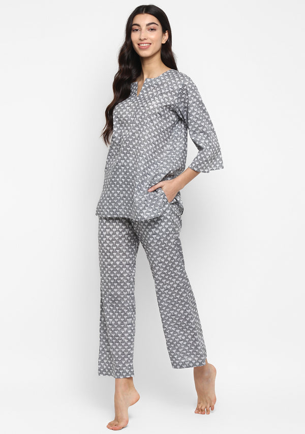 Grey Ivory Hand Block Flower Motif Printed Cotton Night Suit - unidra.myshopify.com