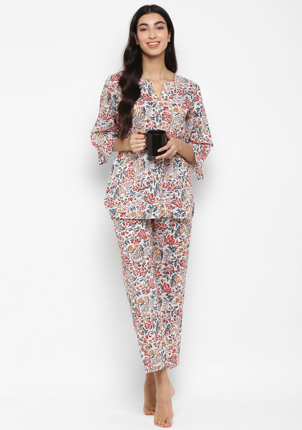 Multicoloured Hand Block Floral Printed Cotton Night Suit - unidra.myshopify.com